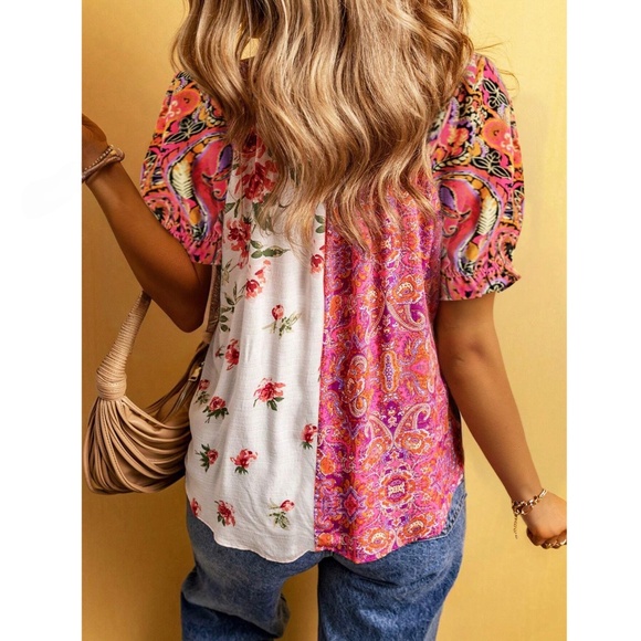Floral Top Button Down Short Sleeve V-Neck Light and Airy - Picture 3 of 5